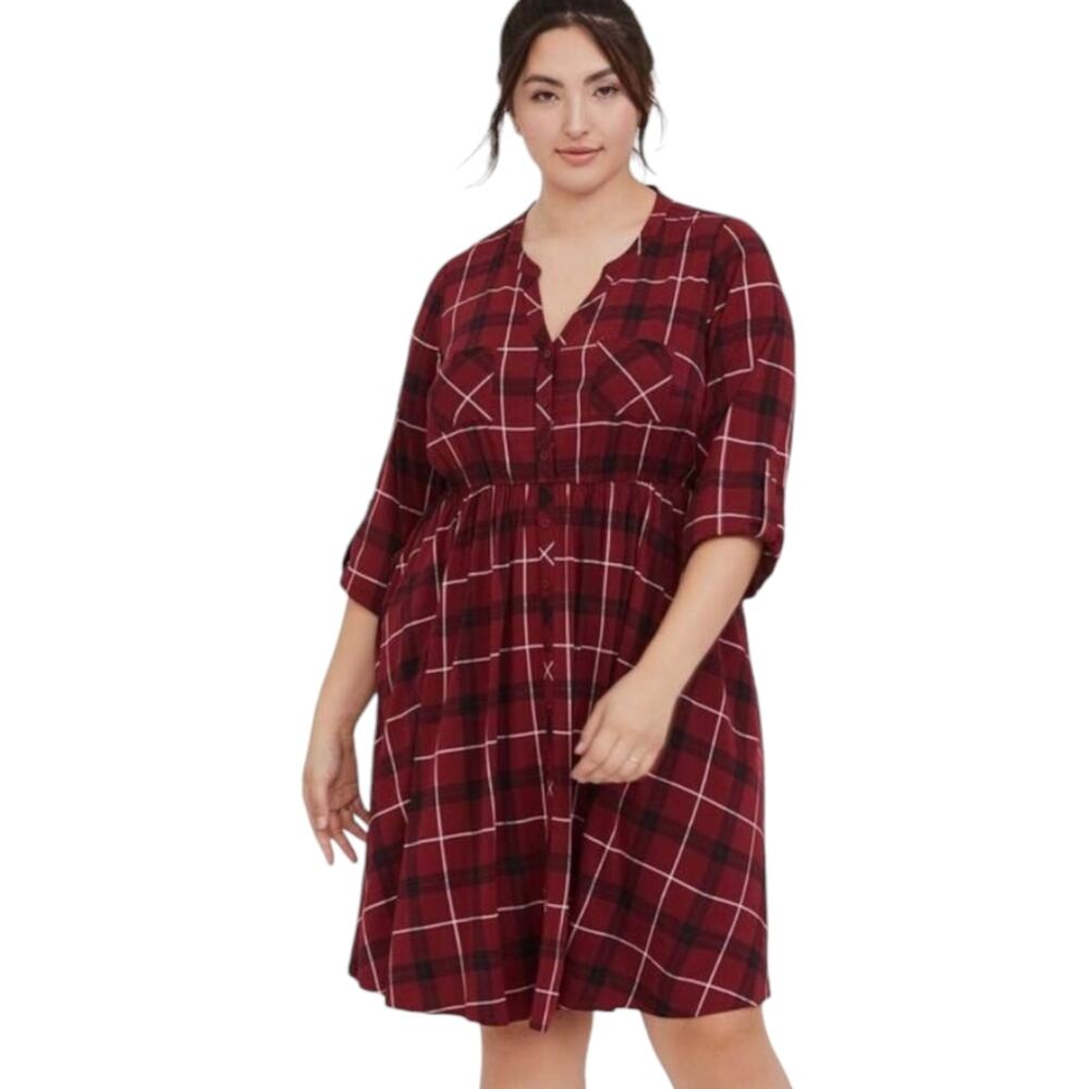 Torrid Red Plaid Mini Challis Button Front Shirt Dress Plus Size 2X 2